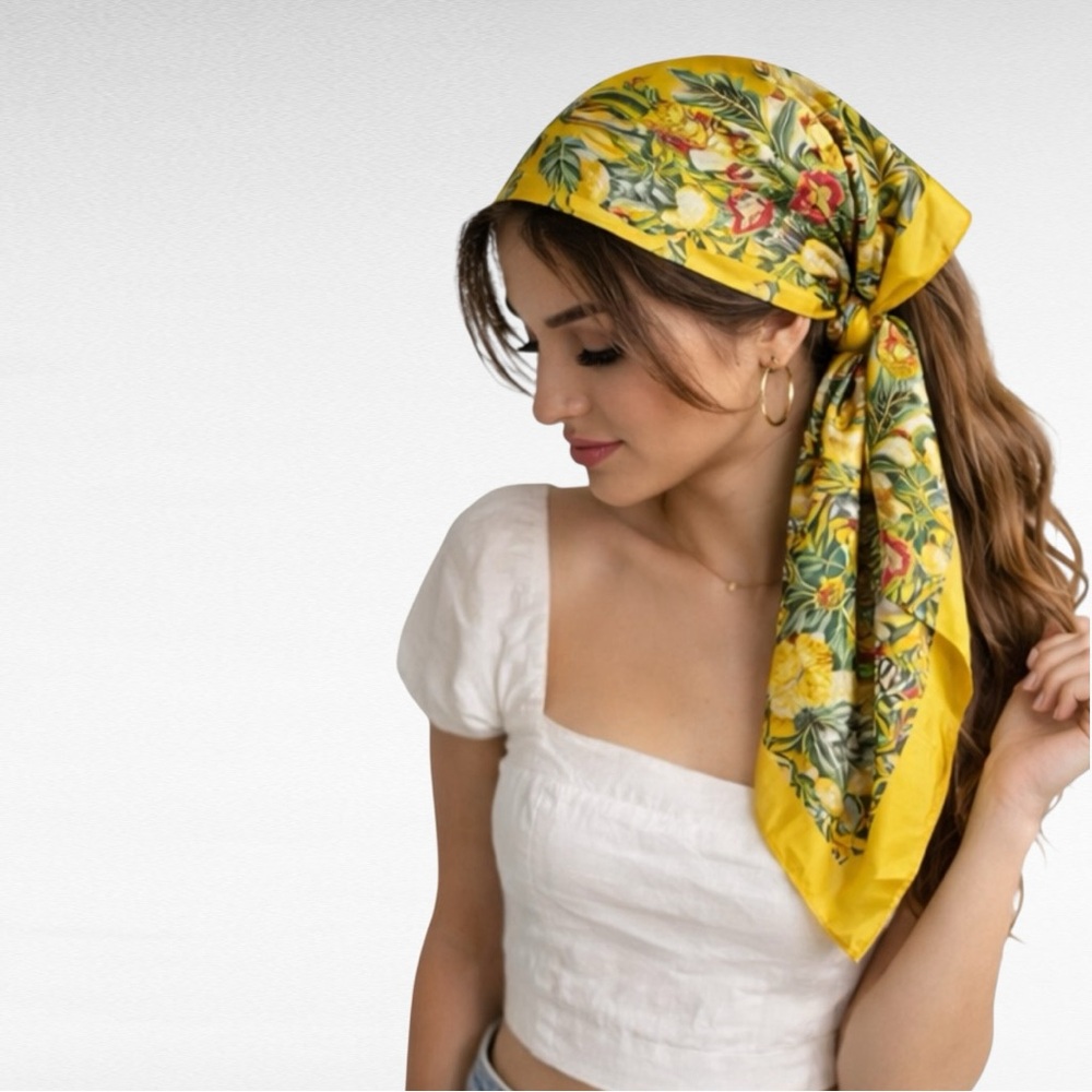 VINTAGE | 1980’s Cinnamon Gold Yellow Shadow Stripe Floral Bird Printed Scarf